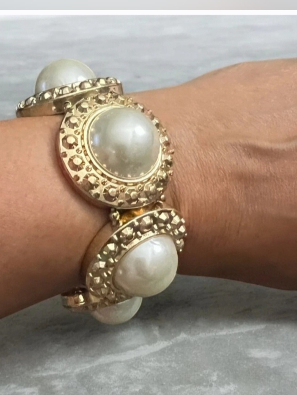 Gold-Tone Pearl Bracelet - Elegant White Faux Pearl Station Bracelet
